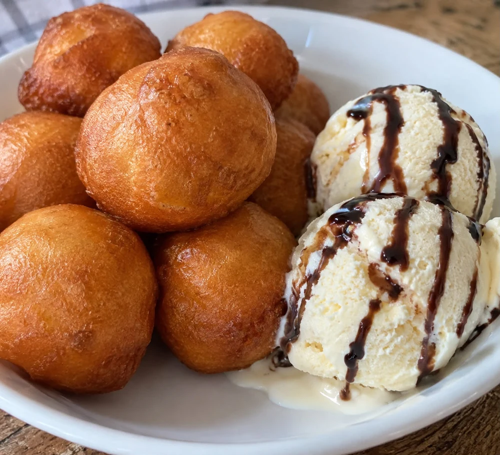Golden puff puff served with vanilla ice cream and chocolate drizzle.